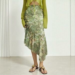NWOT Y2K Asymmetrical Floral Midi Skirt Sz.M Green Mesh 90s Fairy Grunge Boho